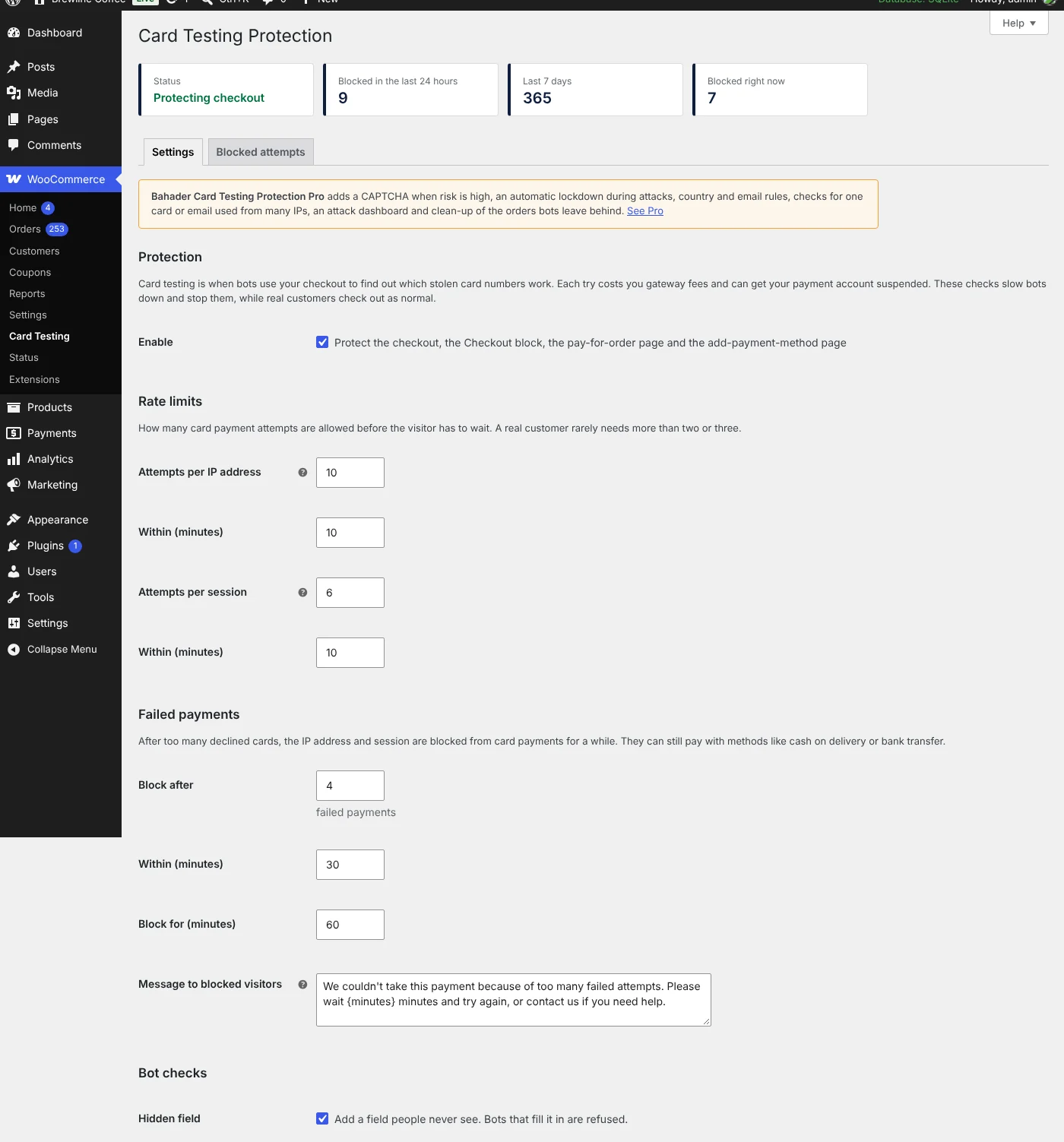Bahader Card Testing Protection: Settings