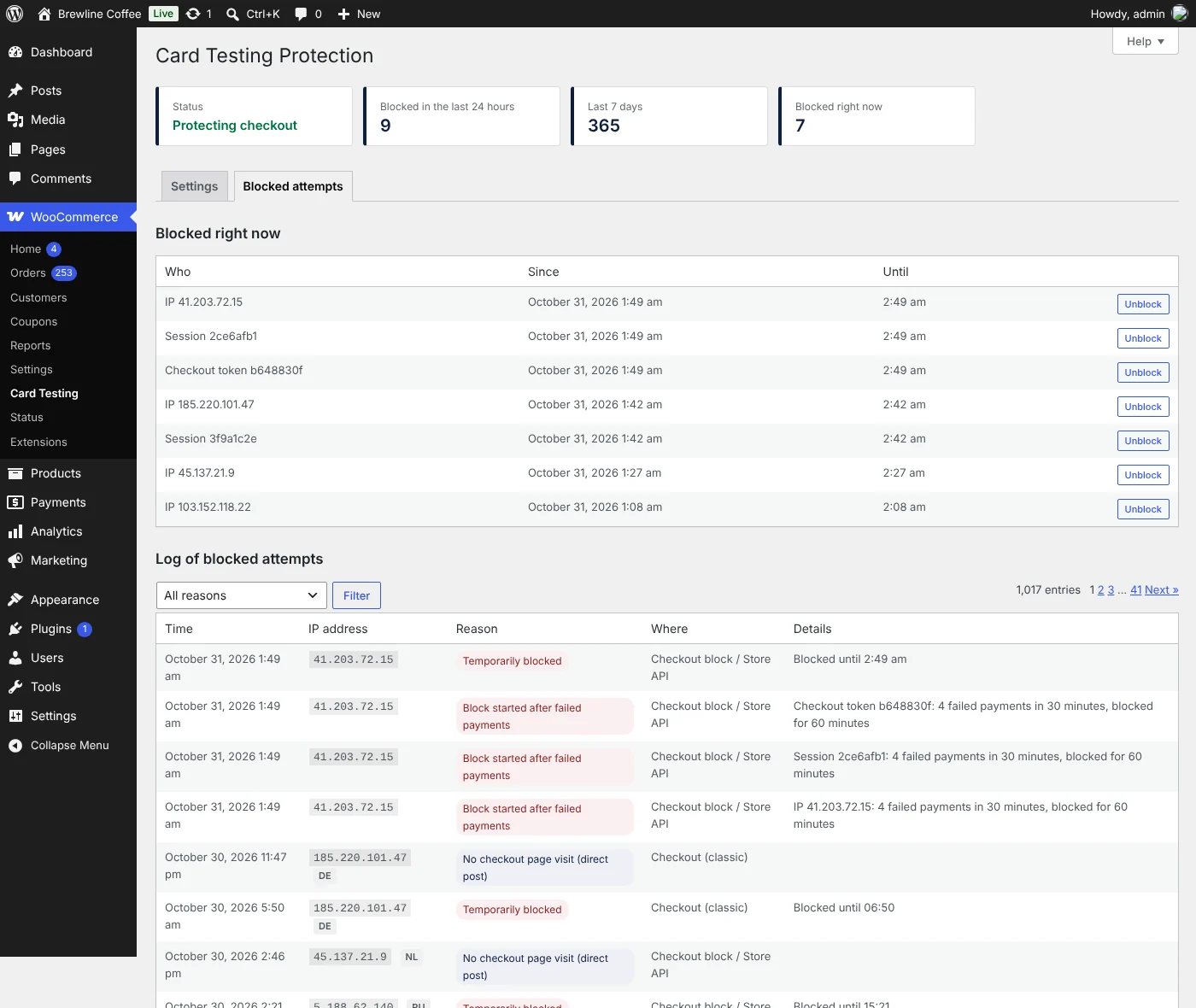 The Card Testing Protection log: who is blocked right now, and every blocked attempt with the IP address, reason and checkout.