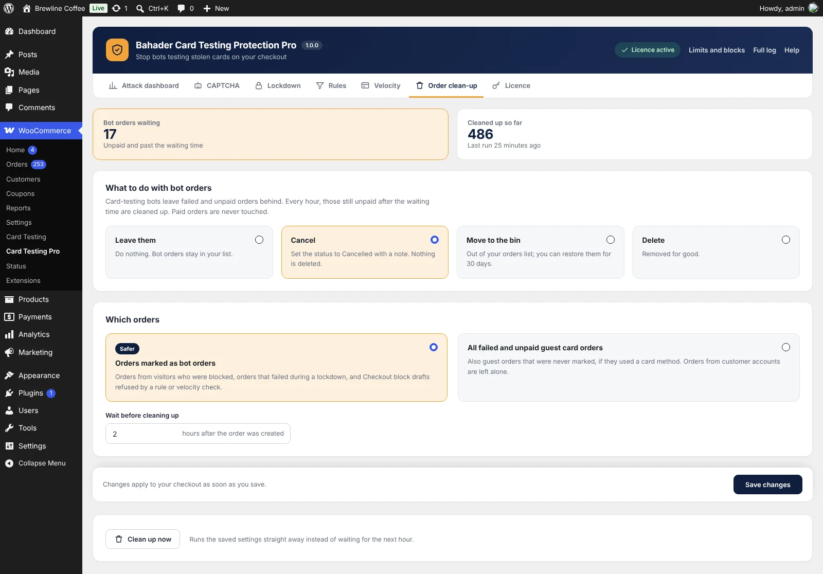 Bahader Card Testing Protection Pro: Order clean-up