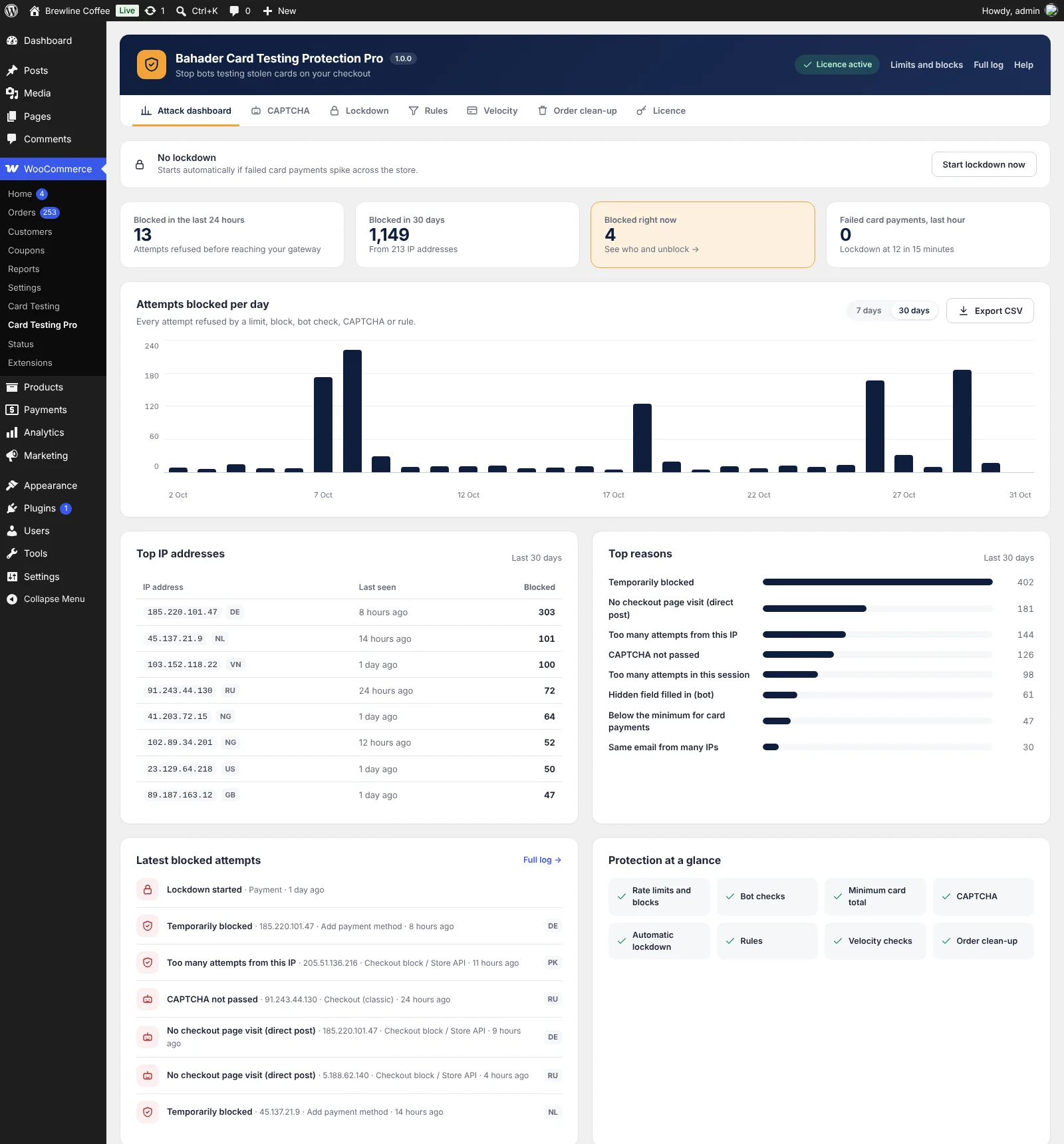 Bahader Card Testing Protection Pro: Attack dashboard