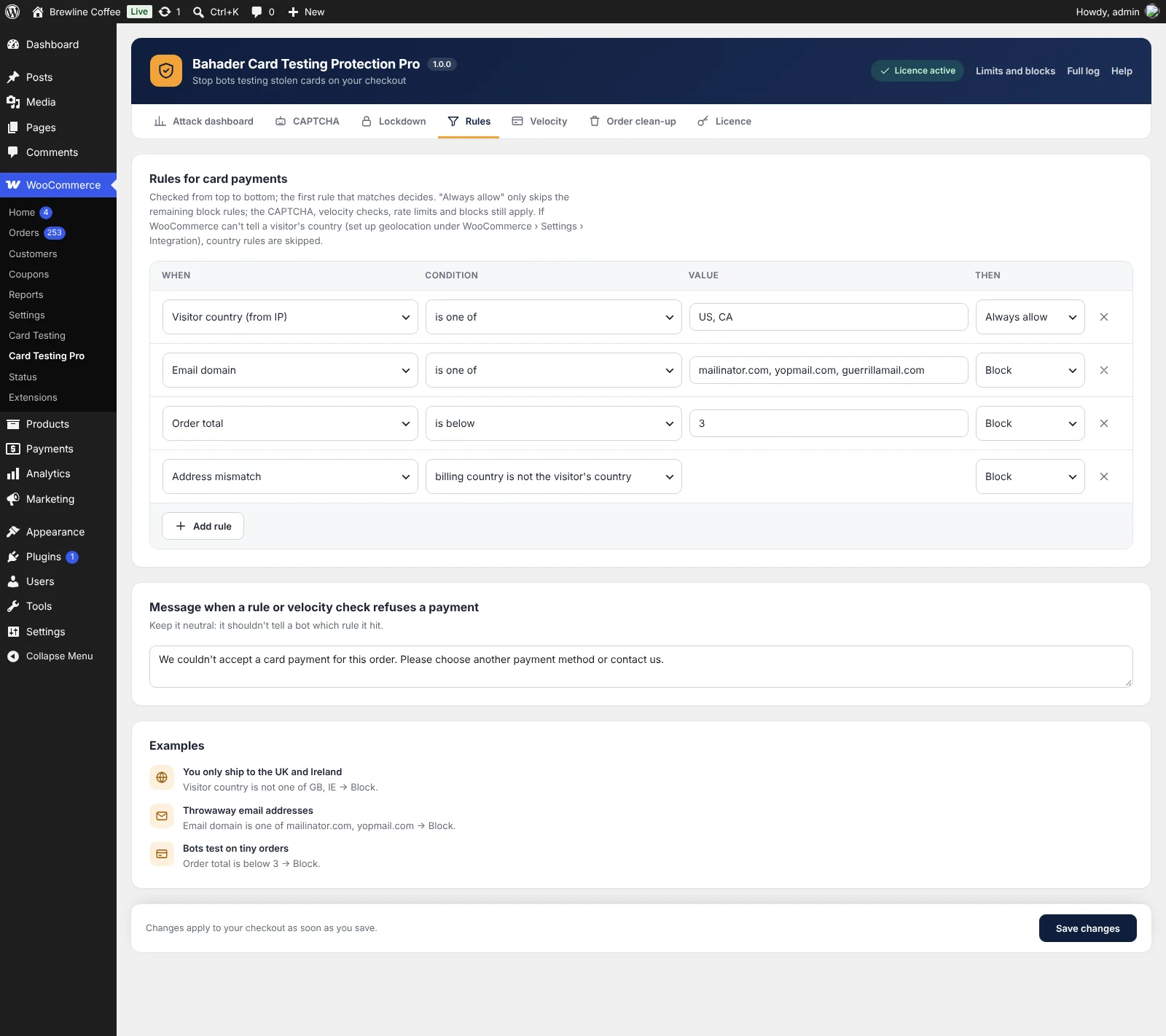 Bahader Card Testing Protection Pro: Rules