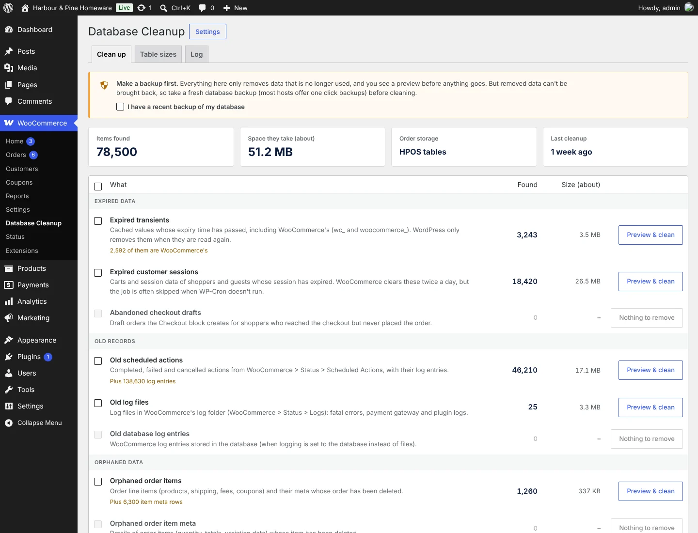 The Database Cleanup screen in WooCommerce: 78,500 items found taking about 51 MB, listed by type with counts, sizes and Preview & clean buttons.