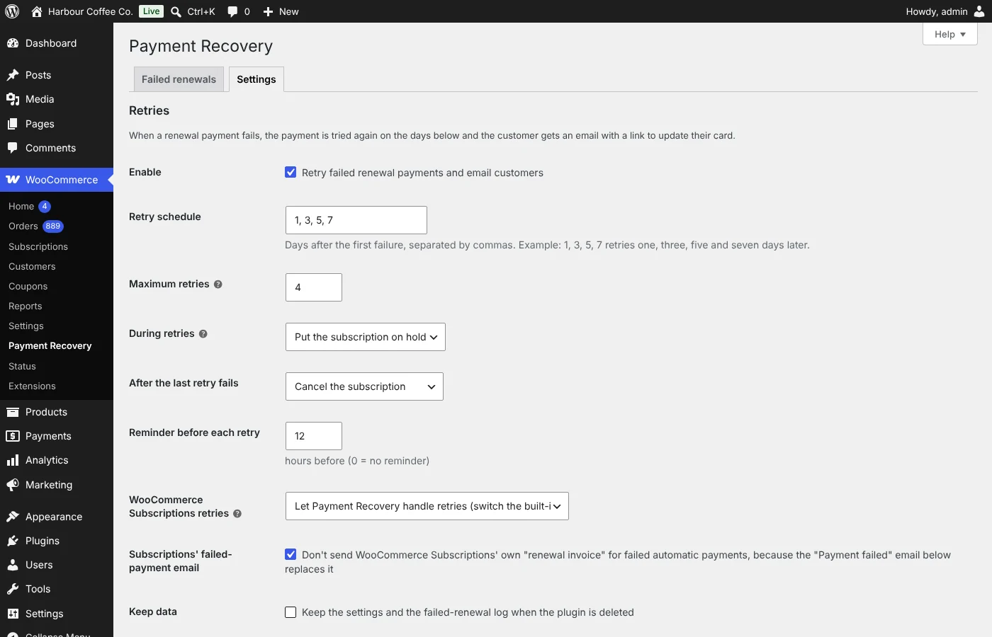 Bahader Subscription Payment Recovery: Retry settings