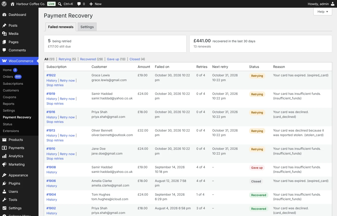 The Payment Recovery log in WooCommerce: failed renewals with the customer, amount, retries, next retry, status and the reason the bank gave.